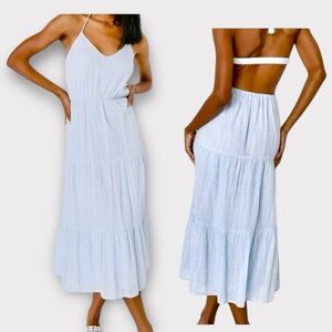 Lulu’s Women’s Light Blue Swiss Dot Tiered Midi Dress Halter, size Large